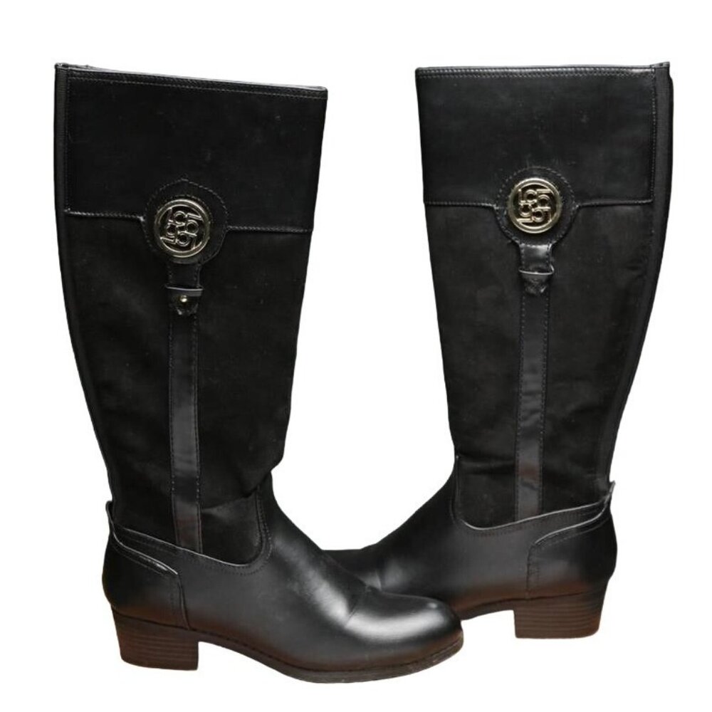 Liz Claiborne Tilia Black Mixed Suede and Leather Stacked Heel Riding Boots 7.5 - Picture 1 of 5